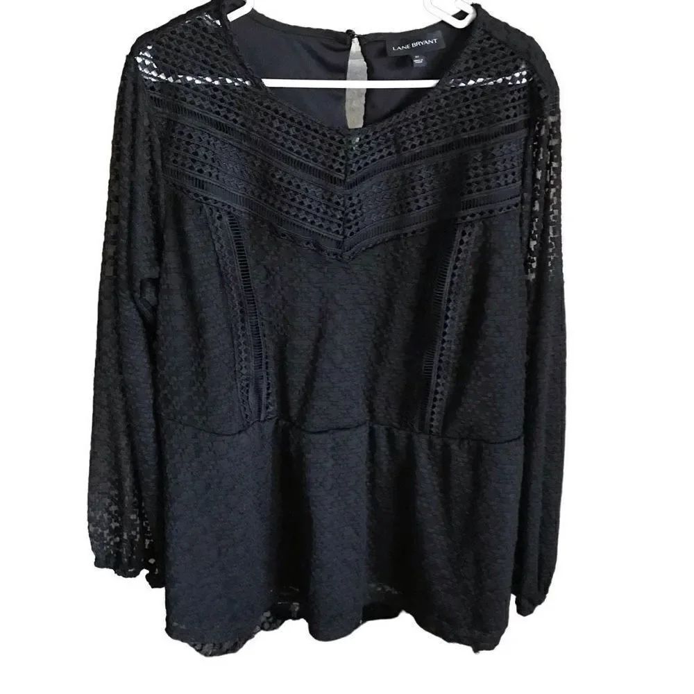 Lane Bryant Plus Sz 22 black peplum top shirt long sleeve crochet